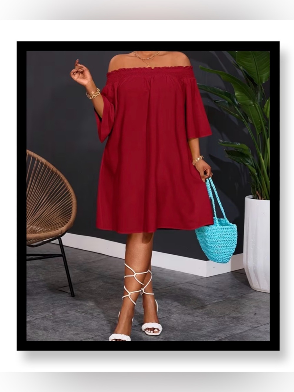 🆕 Women’s Plus Size Off-Shoulder Burgundy Swing Dress